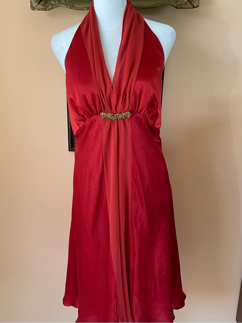 Red Silky Poly Lined Halter Style 
Cocktail Dress with Gold Accent. 12P